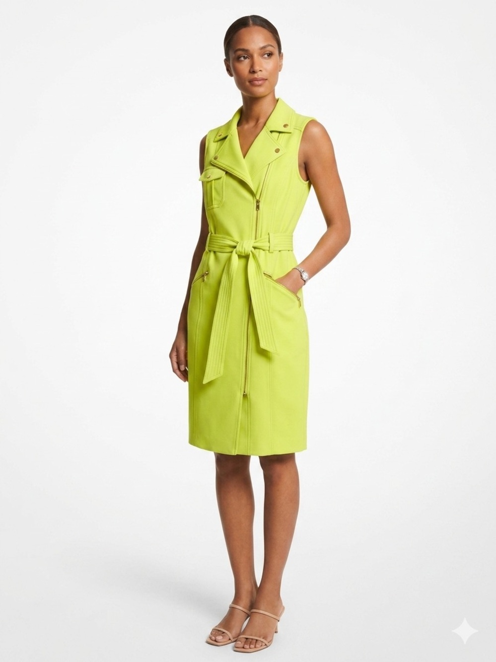 Calvin Klein Highlighter Green Sleeveless Trench Dress with Self-Tie Waist
